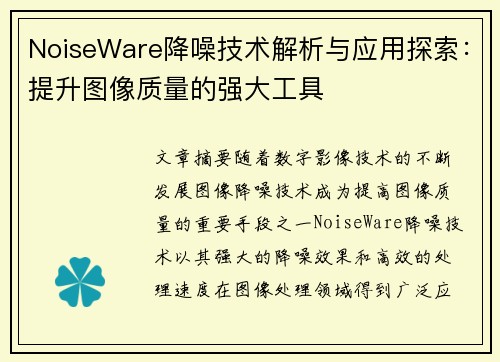 NoiseWare降噪技术解析与应用探索:提升图像质量的强大工具 NoiseWare降噪技术解析与应用探索:提升图像质量的强大工具