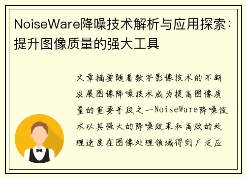 NoiseWare降噪技术解析与应用探索:提升图像质量的强大工具 NoiseWare降噪技术解析与应用探索:提升图像质量的强大工具