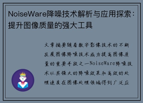NoiseWare降噪技术解析与应用探索:提升图像质量的强大工具 NoiseWare降噪技术解析与应用探索:提升图像质量的强大工具